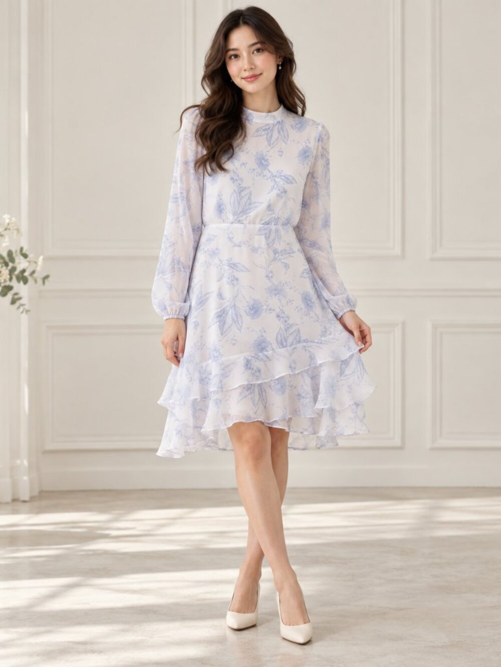 Botanical Soft Cottagecore Romantic Mini Dress Sheer Balloon Sleeves Express L